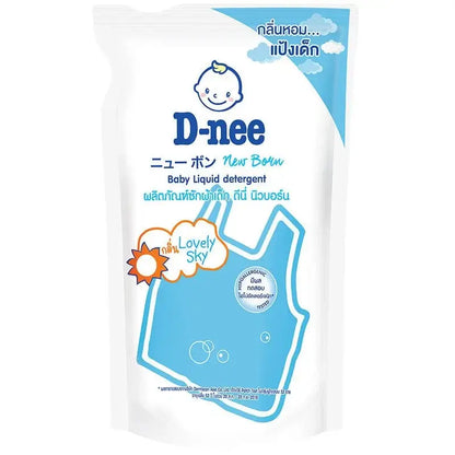 D-nee Baby Detergent New Born Liquid Wash Lovely Sky Refill 530ml packaging with soft pastel colors.