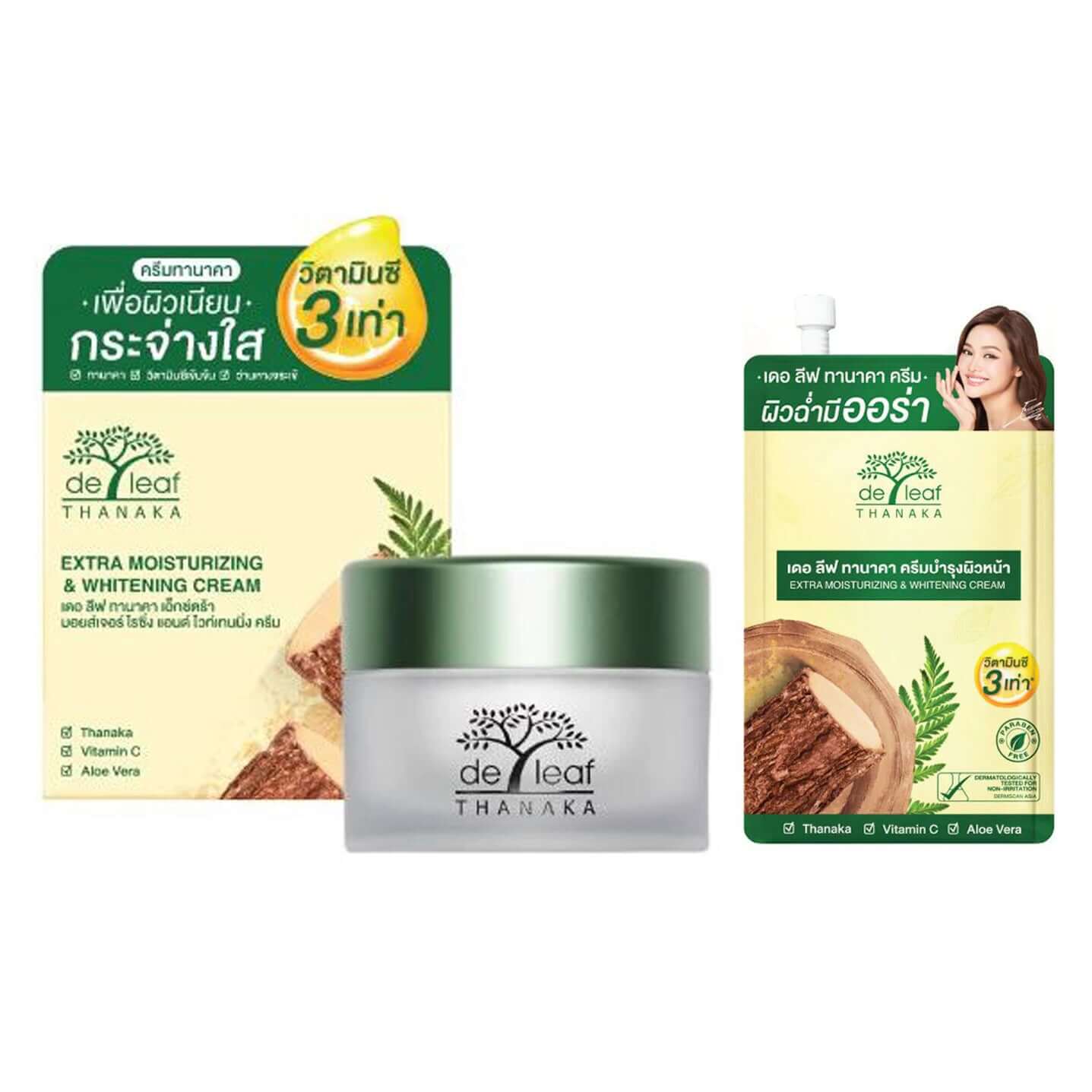 De Leaf Thanaka Cream product variation showing jar packaging, cardboard box, and travel sachet