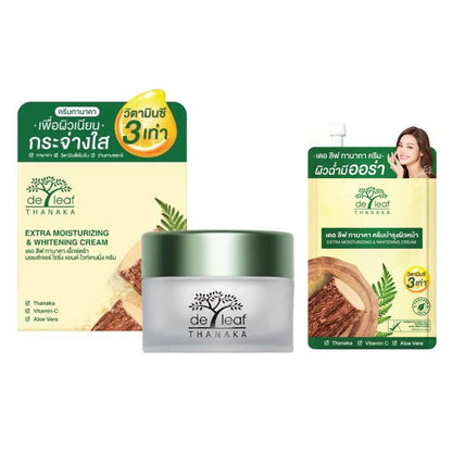 De Leaf Thanaka Cream product variation showing jar packaging, cardboard box, and travel sachet