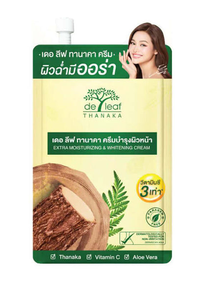 De Leaf Thanaka Cream individual travel sachet packaging front view with a screw cap