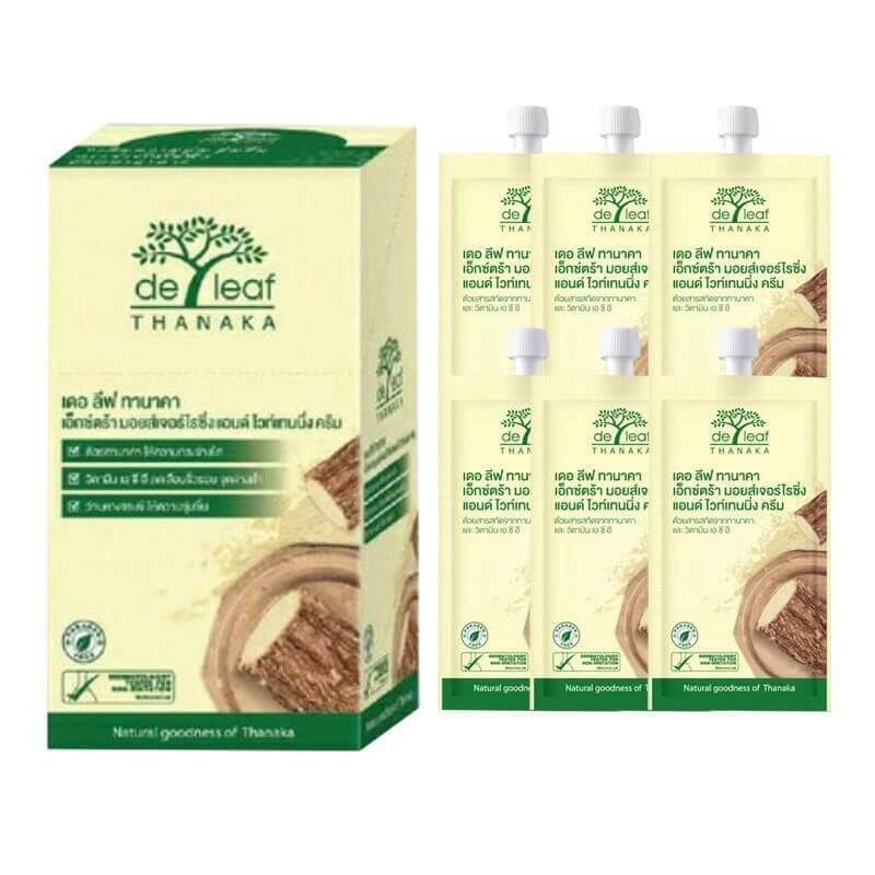De Leaf Thanaka Cream cardboard box next to six travel cream sachets with screw caps