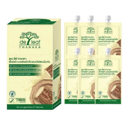 De Leaf Thanaka Cream cardboard box next to six travel cream sachets with screw caps
