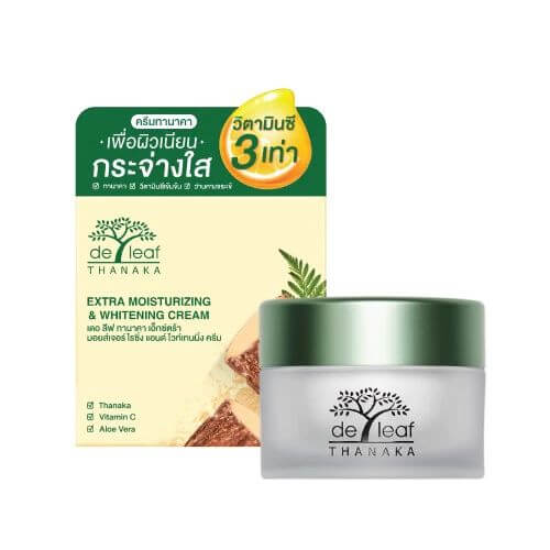 De Leaf Thanaka Cream jar next to its cardboard packaging box on a white background