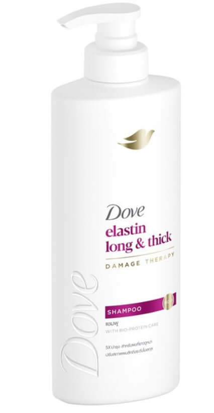 Dove Elastin Shampoo Long Thick 380ml Angled Front View Pump Bottle