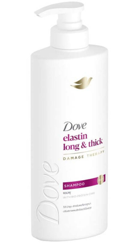 Dove Elastin Shampoo Long Thick 380ml Angled Front View Pump Bottle