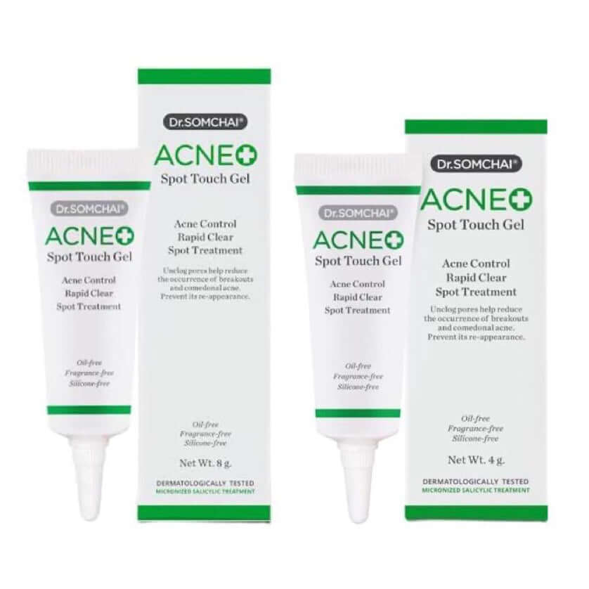 Dr. Somchai Acne Spot Touch Gel 4g and 8g tubes with packaging boxes for facial care