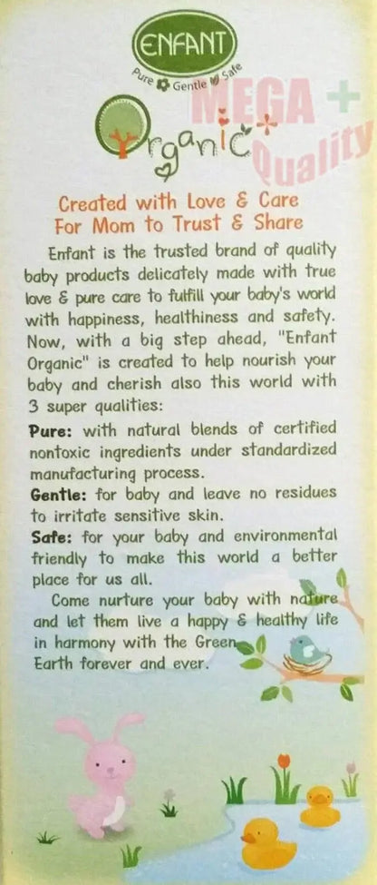 ENFANT Organic Baby Lotion packaging showcasing gentle ingredients for baby care and environmental safety.