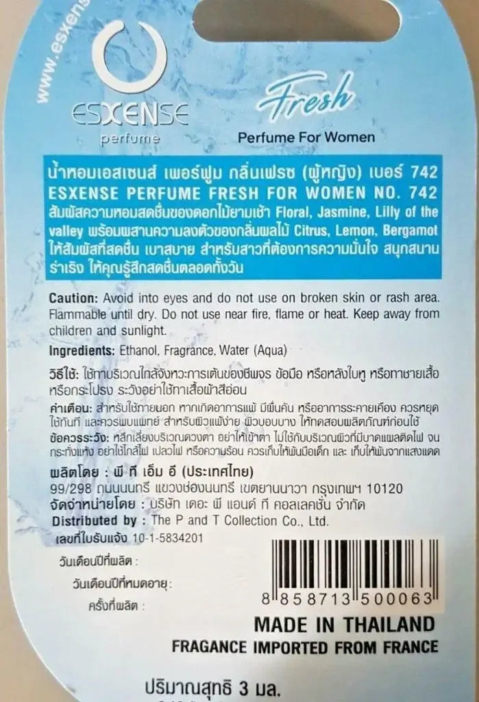 Esxense Fresh Women Perfume 9ml roll on packaging with fragrance ingredients and usage instructions.