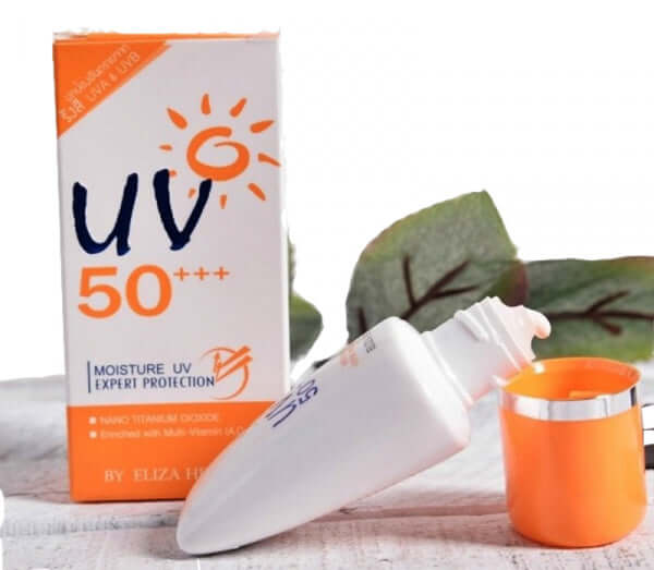 Eliza Helena UV 50 sunscreen cream product display with soft beige texture
