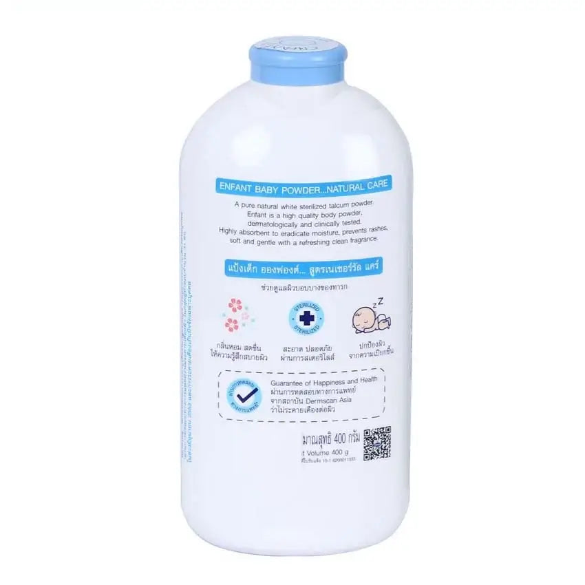 Enfant Nature Care Baby Powder back bottle view with product benefits and features.