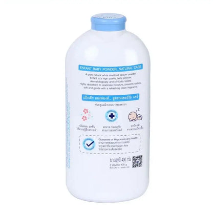Enfant Nature Care Baby Powder back bottle view with product benefits and features.