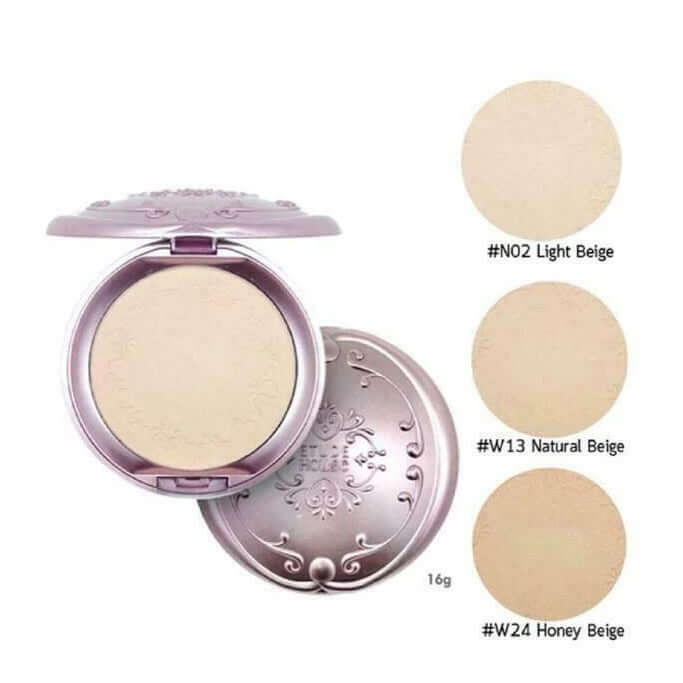 Etude Secret Beam Powder with shades #NO2 Light Beige, #W13 Natural Beige, and #W24 Honey Beige, showcasing the product's versatility.