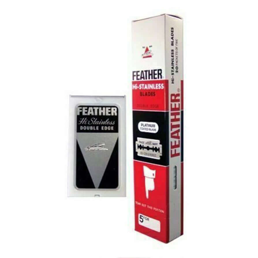 FEATHER Razor Blades Hi Stainless Platinum Double Edge packaging for a smooth shave.