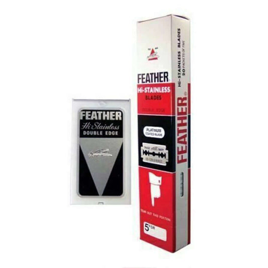 FEATHER Razor Blades Hi Stainless Platinum Double Edge packaging for a smooth shave.