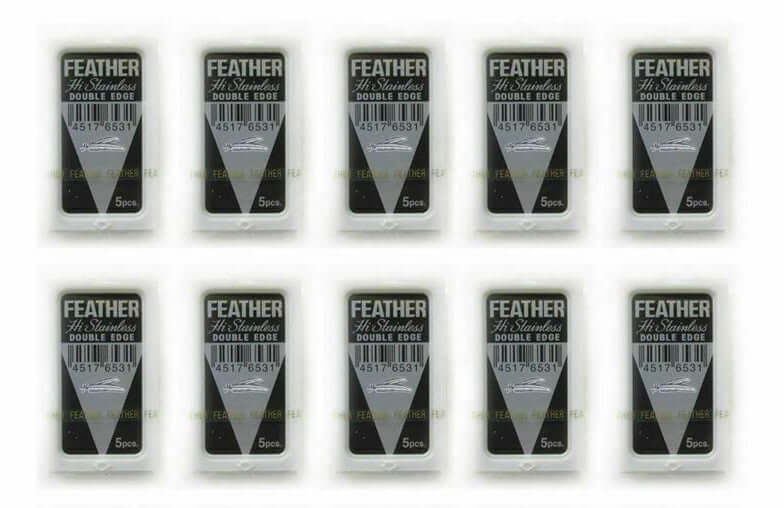 FEATHER Razor Blades Hi Stainless Platinum Double Edge shaving blades in packaging, perfect for a smooth shave.