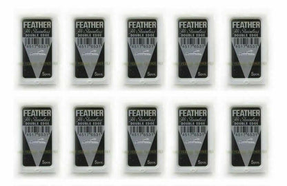 FEATHER Razor Blades Hi Stainless Platinum Double Edge shaving blades in packaging, perfect for a smooth shave.