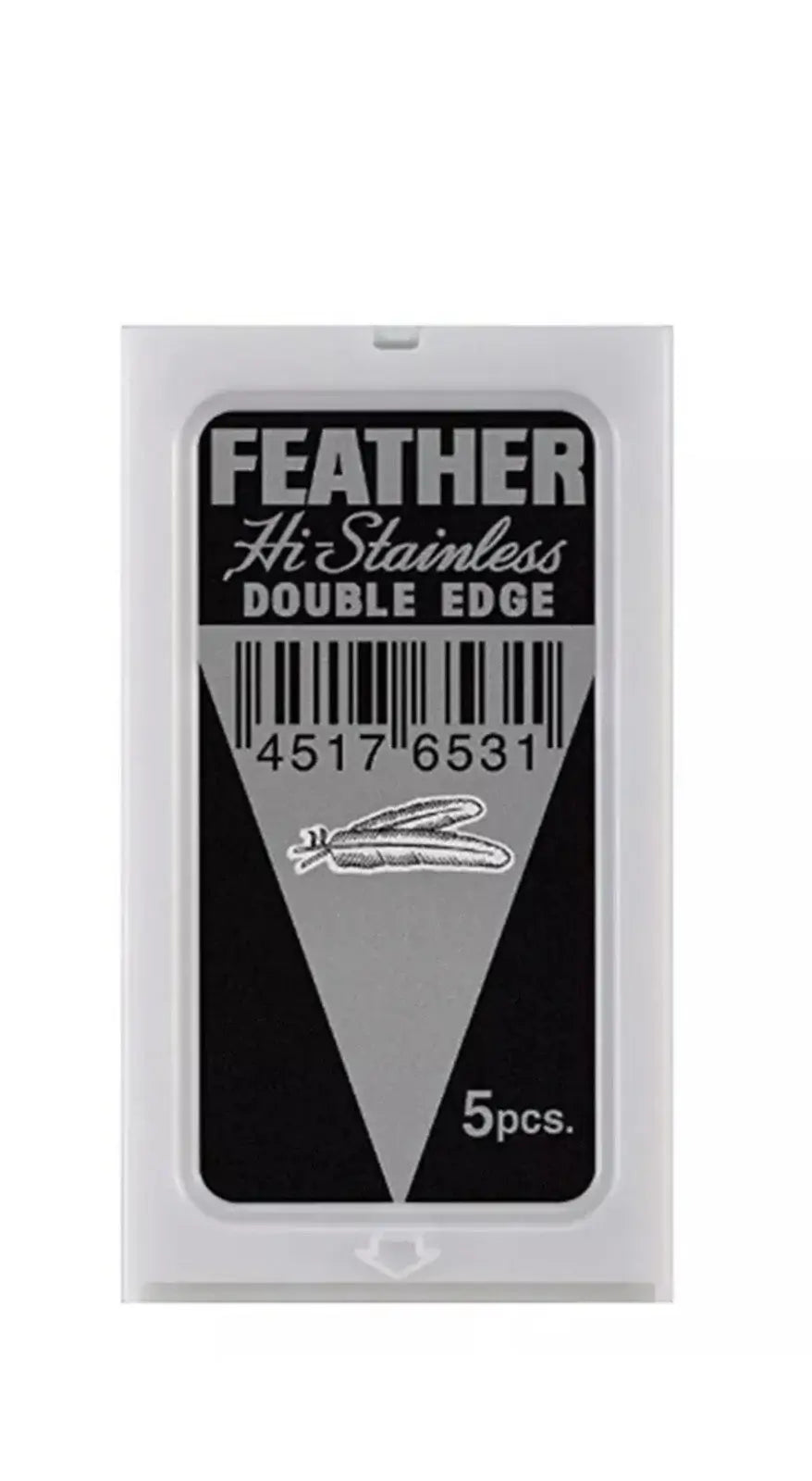 FEATHER Razor Blades Hi Stainless Double Edge packaging featuring 5 blades for a precise and smooth shave.