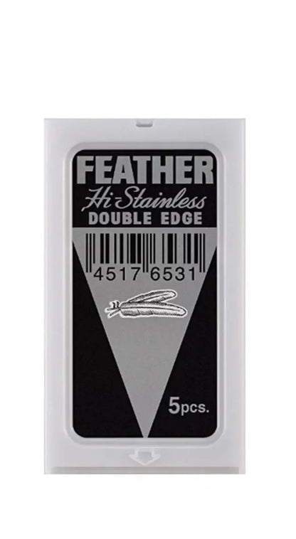 FEATHER Razor Blades Hi Stainless Double Edge packaging featuring 5 blades for a precise and smooth shave.