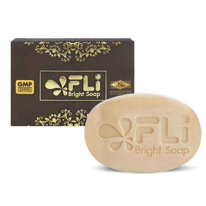 FLi Bright Herbal Soap bar with packaging highlighting natural cleansing for face and body, promoting dark spot care.