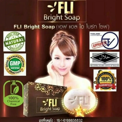 FLi Bright Herbal Soap with woman model showcasing natural ingredients, certified labels, and packaging for dark spot care.