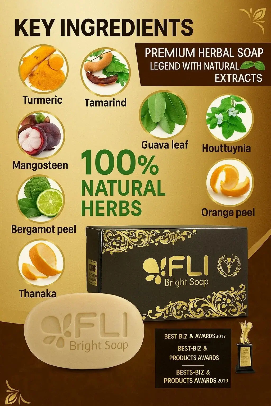 Image of FLi Bright Herbal Soap packaging highlighting key ingredients like turmeric, tamarind, and guava leaf for natural skincare.