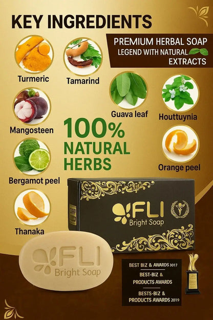 Image of FLi Bright Herbal Soap packaging highlighting key ingredients like turmeric, tamarind, and guava leaf for natural skincare.