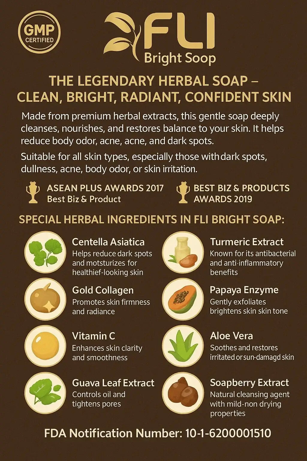 FLi Bright Herbal Soap promotional image highlighting herbal ingredients for skin care and dark spot treatment.