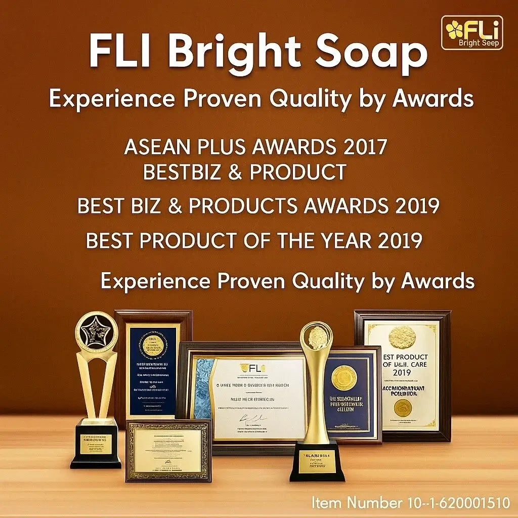FLi Bright Herbal Soap award display showcasing proven quality with various awards from 2017 to 2019.