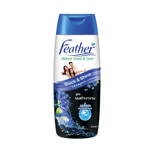 Feather Black Shine Shampoo Nature Clean Care for silky hair 340ml bottle with blue cap and floral design.