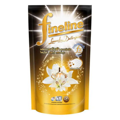 Fineline Laundry Detergent Deluxe Perfume concentrated liquid refill pouch front view featuring white lily and perfume bottle design.