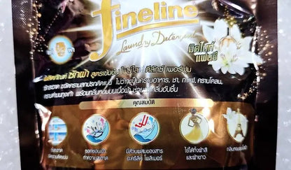 Close-up details on Fineline Laundry Detergent packaging highlighting the concentrated formula benefits and long-lasting freshness icons.