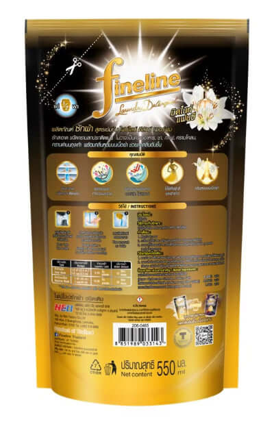 Back view of Fineline Laundry Detergent Deluxe Perfume pouch showing product information, instructions, and main features.
