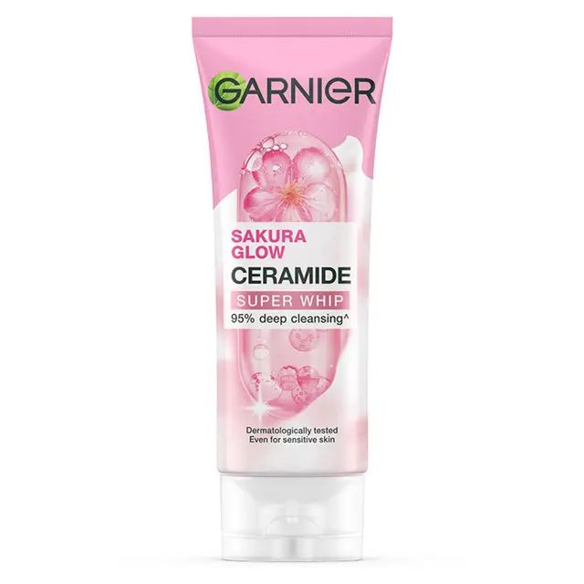 Garnier Sakura Glow Super Whip Cleanser front view pink tube packaging
