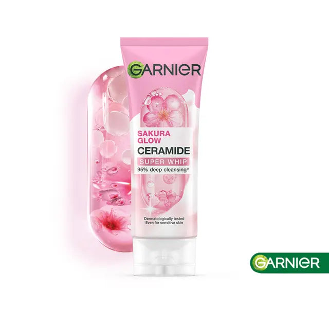 Garnier Sakura Glow Super Whip Cleanser product with foam texture display