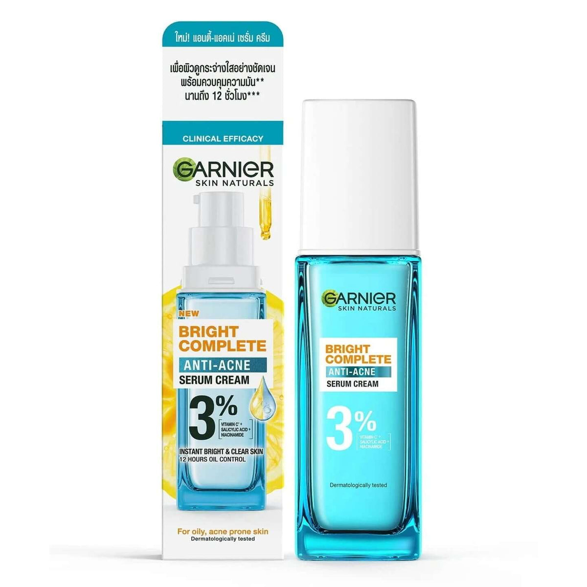 Garnier Bright Complete Serum Cream Skin Naturals 3% Vitamin C 30ml for glowing skin and acne control.
