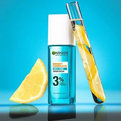 Garnier Bright Complete Serum Cream with 3% Vitamin C and lemon, promoting bright and radiant skin.
