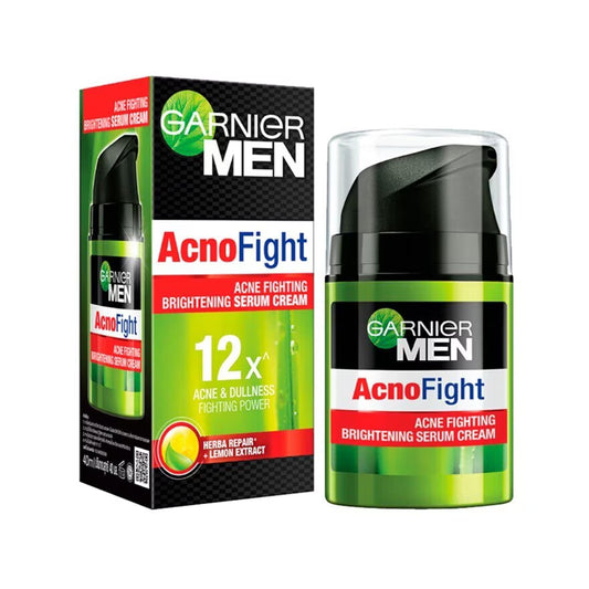 Garnier Men AcnoFight Serum Cream with 12x acne and dullness fighting power in a 40ml packaging.