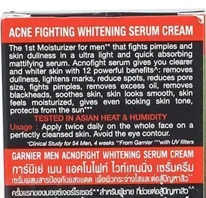Garnier Men AcnoFight Serum Cream package showing acne fighting and whitening benefits, 40ml face care for dull skin.