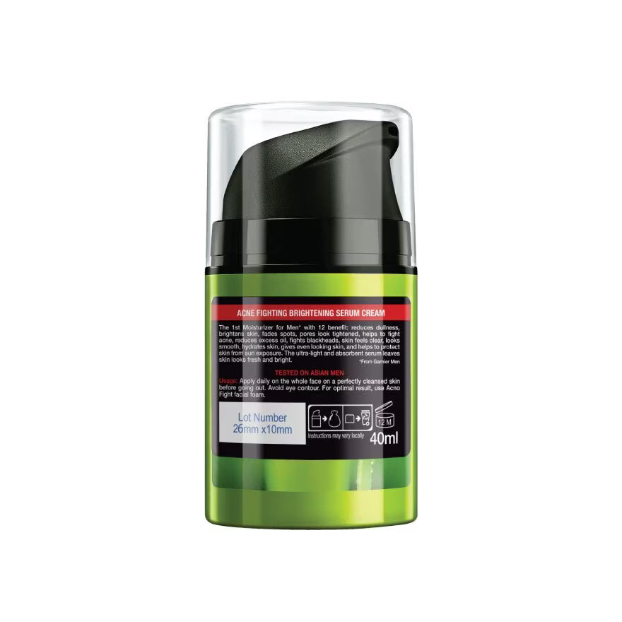 Garnier Men AcnoFight Serum Cream packaging showing product details and size 40ml for face care to combat dullness.