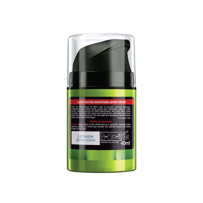 Garnier Men AcnoFight Serum Cream packaging showing product details and size 40ml for face care to combat dullness.