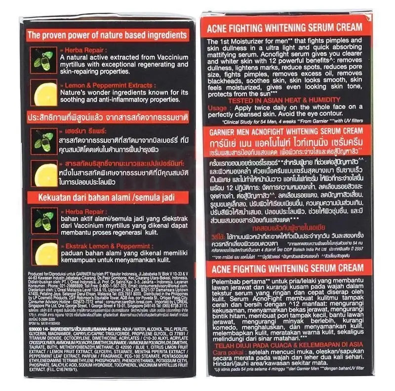 Garnier Men AcnoFight Serum Cream face care packaging highlighting natural ingredients for acne fighting and skin brightness.