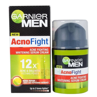 Garnier Men AcnoFight Serum Cream 40ml for acne and dullness treatment in a vibrant green package.