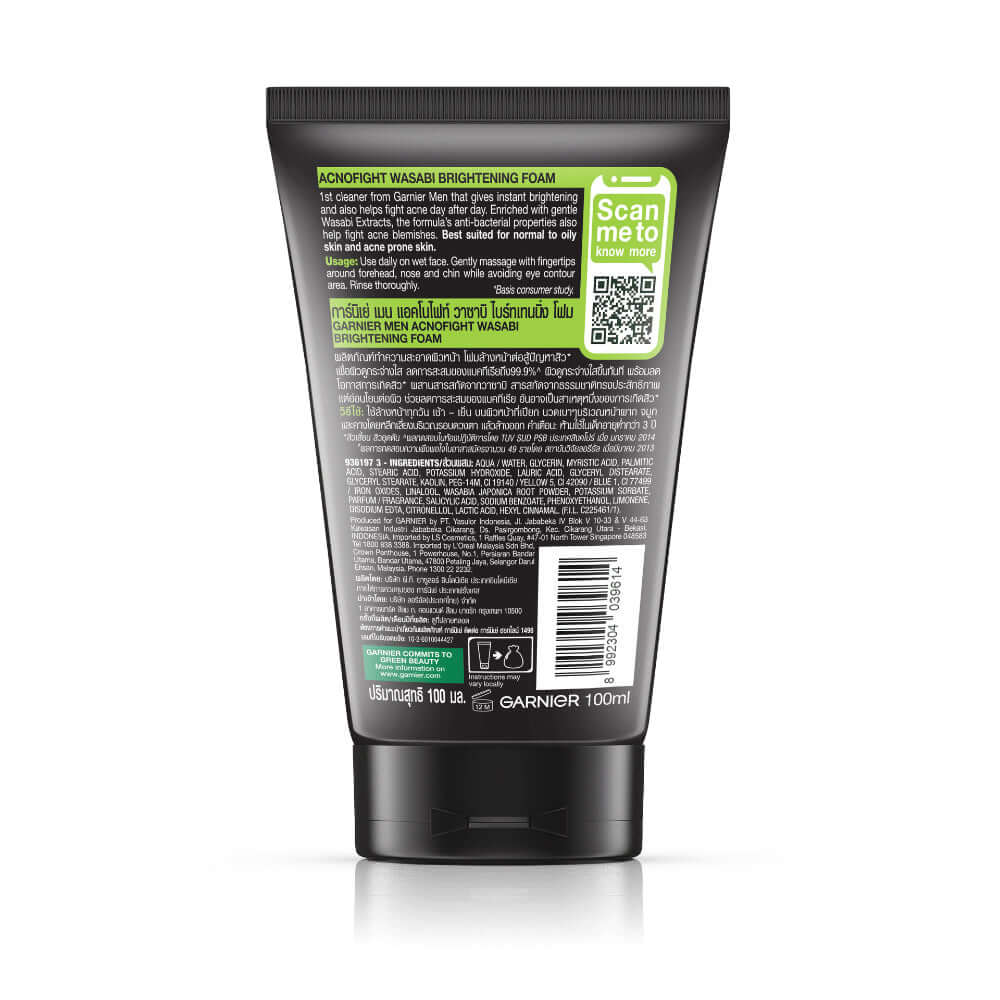 Garnier Men AcnoFight Wasabi Foam Face Wash 100ml with brightening and oil control features.