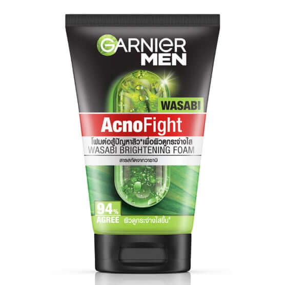 Garnier Men AcnoFight Wasabi Foam Face Wash packaging showcasing oil control and brightening benefits.