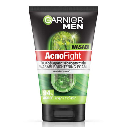 Garnier Men AcnoFight Wasabi Foam Face Wash packaging showcasing oil control and brightening benefits.