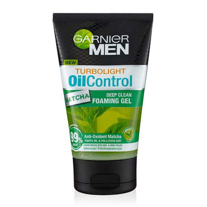 Garnier Men Matcha Gel Turbolight Oil Control Foaming Face Wash 100g Front Product Packaging