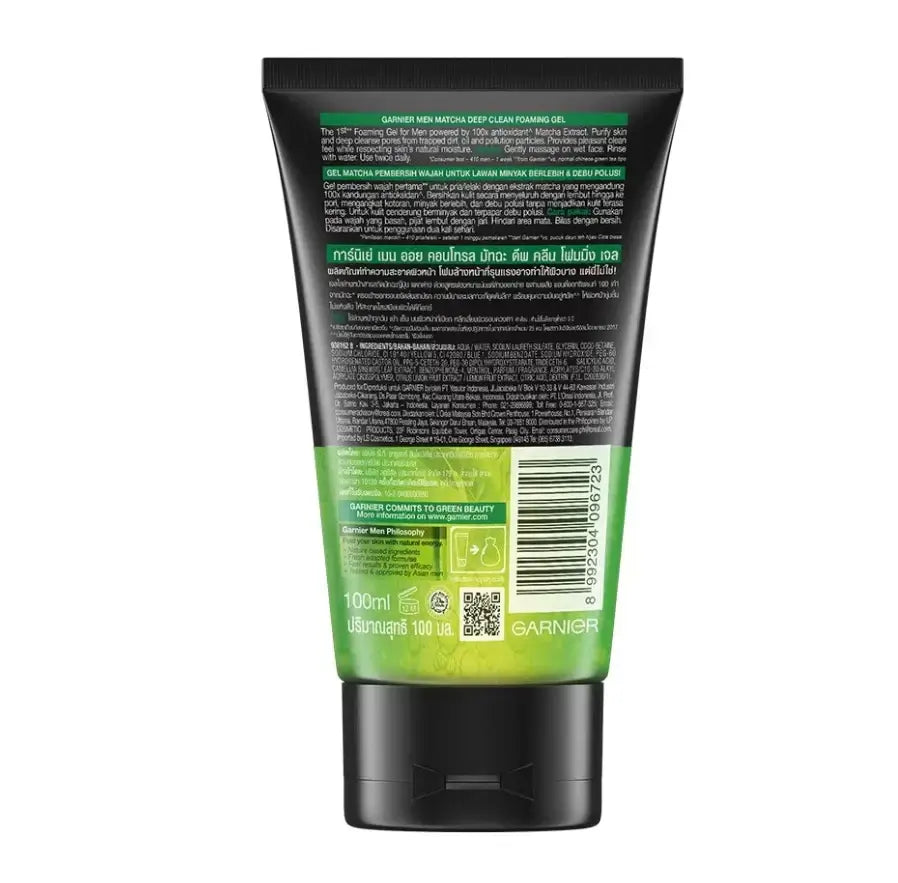 Garnier Men Matcha Gel Turbolight Oil Control Foaming Face Wash 100g Back Product Packaging