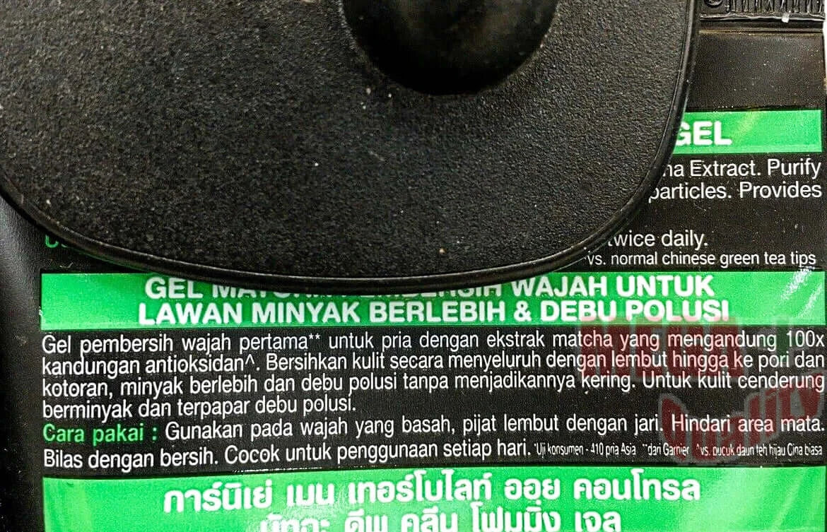 Garnier Men Matcha Gel Product Label Close Up Showing Usage Instructions and Ingredients