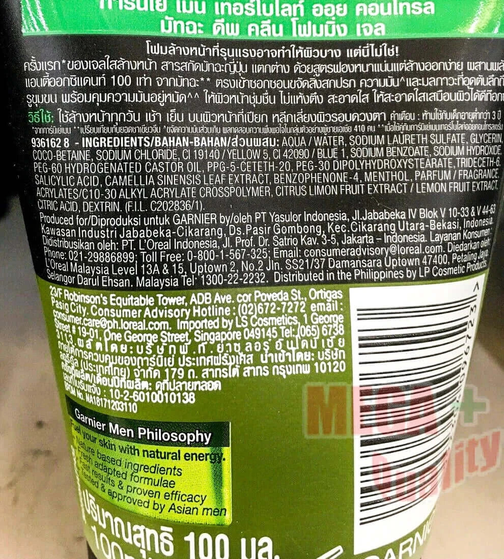 Garnier Men Matcha Gel Turbolight Oil Control Foaming Face Wash 100g Back Label Ingredients and Product Information