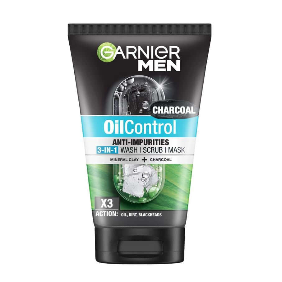 Garnier Men Oil Control Charcoal 3 In 1 Wash Scrub Mask Front View 100ml